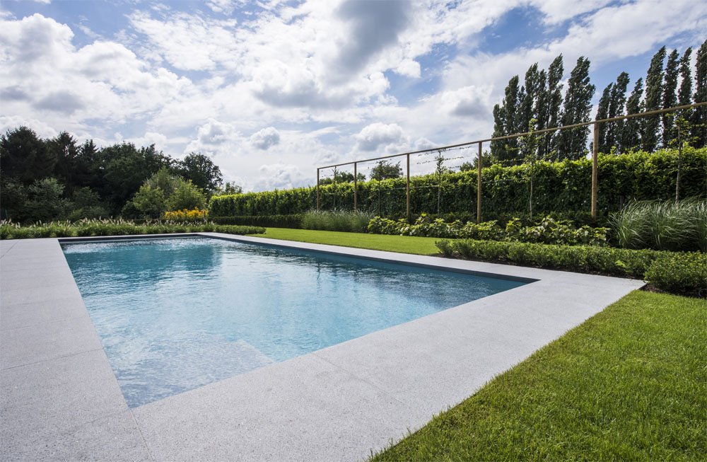 Zapuštěný skimmerový bazén v moderní zahradě